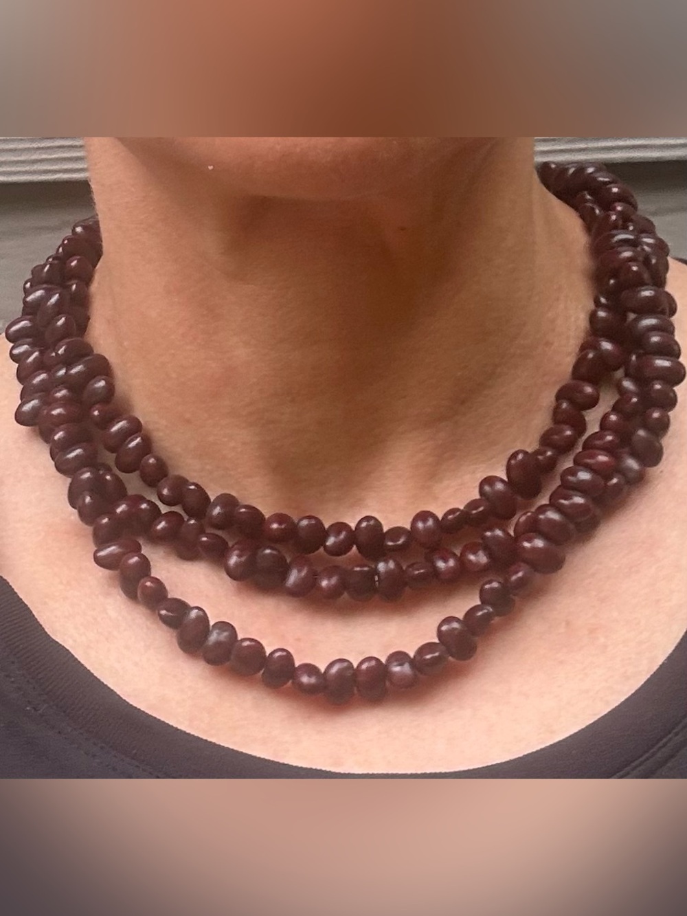 NWOT Artisan Triple-Strand Burgundy Seed Necklace
